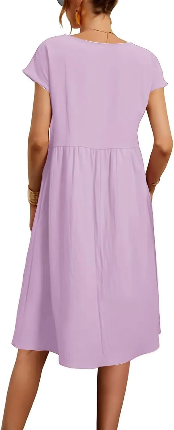 Dresses That Hide Tummy Bulge Women's Solid Ruched Waist A-Line Midi Dress with Stretchy Fabric