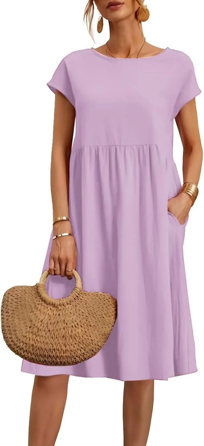 Dresses That Hide Tummy Bulge Women's Solid Ruched Waist A-Line Midi Dress with Stretchy Fabric