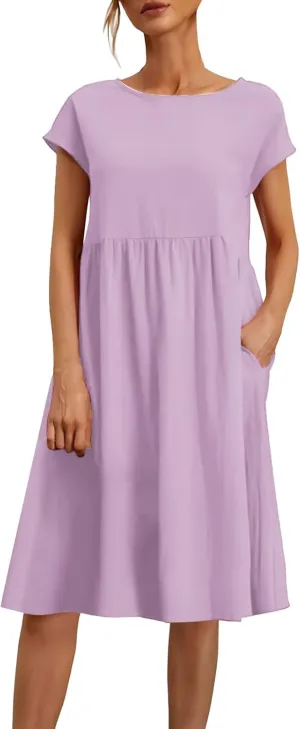 Dresses That Hide Tummy Bulge Women's Solid Ruched Waist A-Line Midi Dress with Stretchy Fabric