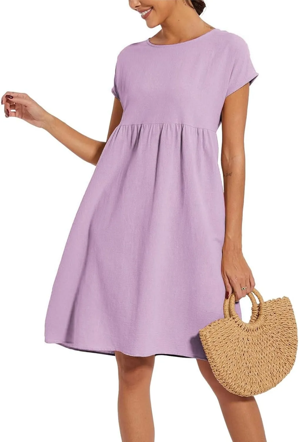 Dresses That Hide Tummy Bulge Women's Solid Ruched Waist A-Line Midi Dress with Stretchy Fabric