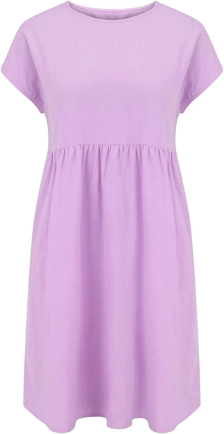 Dresses That Hide Tummy Bulge Women's Solid Ruched Waist A-Line Midi Dress with Stretchy Fabric