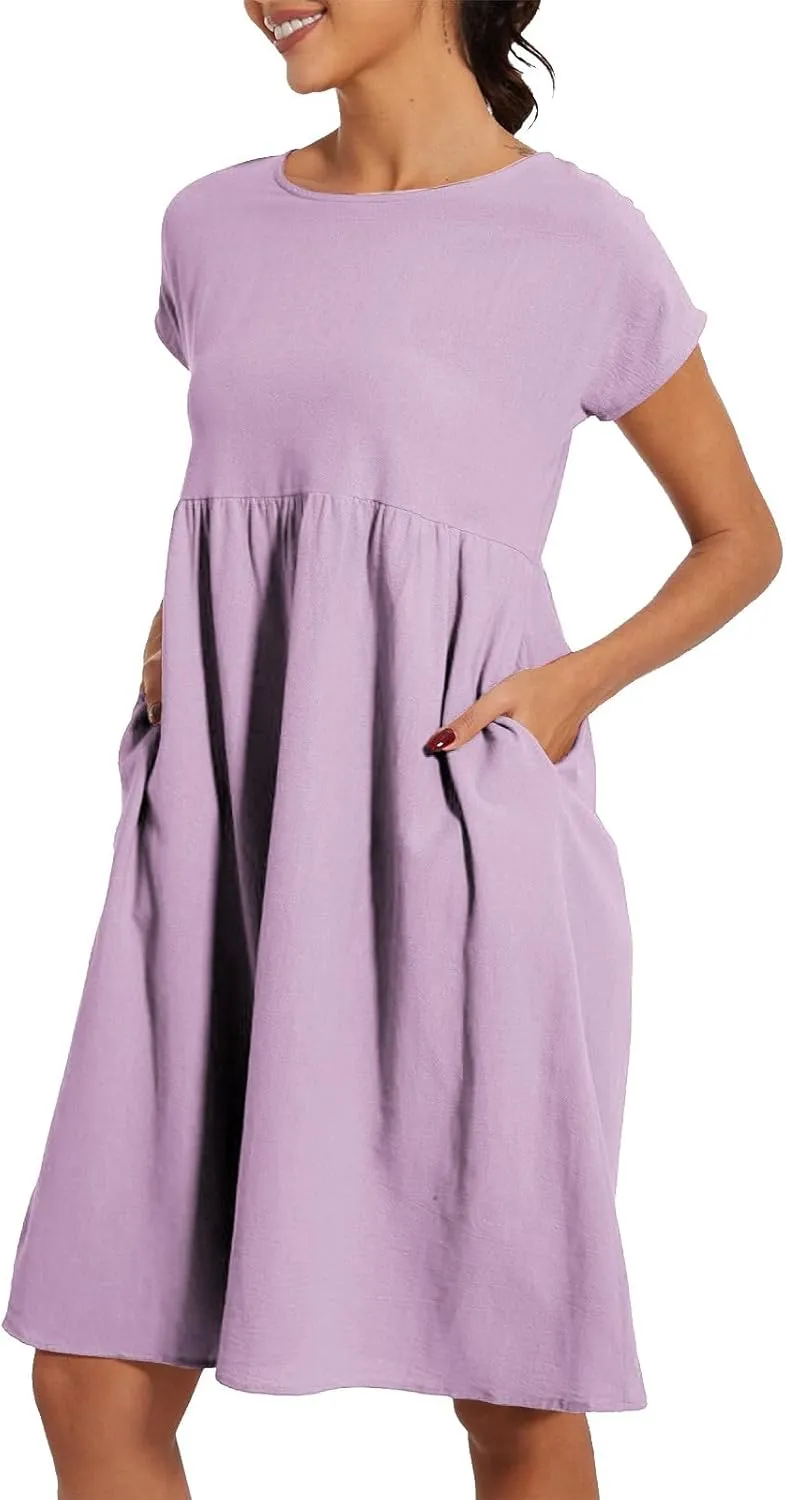 Dresses That Hide Tummy Bulge Women's Solid Ruched Waist A-Line Midi Dress with Stretchy Fabric