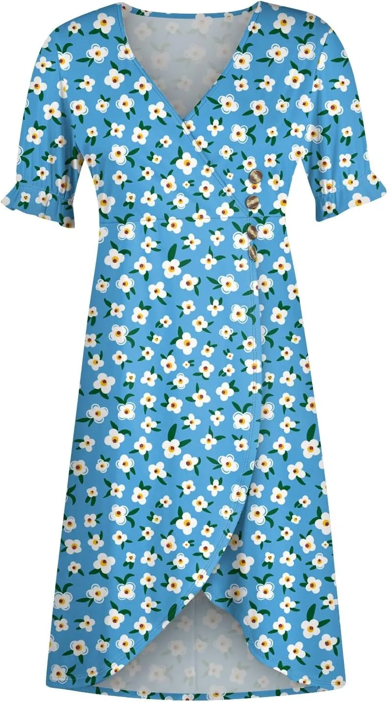 Elegant Wrap Dresses for Women 2024 Summer Floral V Neck Puff Sleeve Midi Dress Boho Ruched Irregular Hem Beach Dress