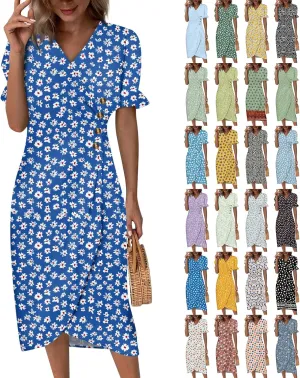 Elegant Wrap Dresses for Women 2024 Summer Floral V Neck Puff Sleeve Midi Dress Boho Ruched Irregular Hem Beach Dress