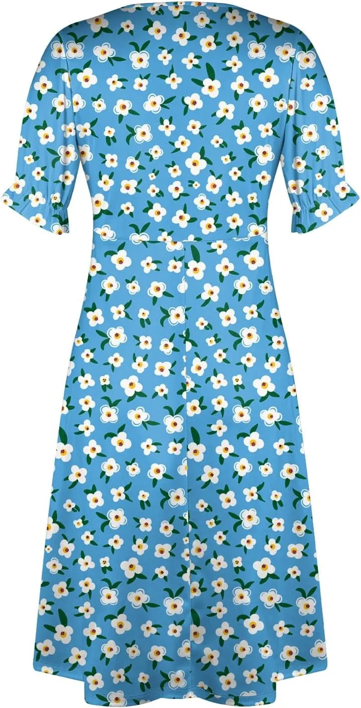 Elegant Wrap Dresses for Women 2024 Summer Floral V Neck Puff Sleeve Midi Dress Boho Ruched Irregular Hem Beach Dress