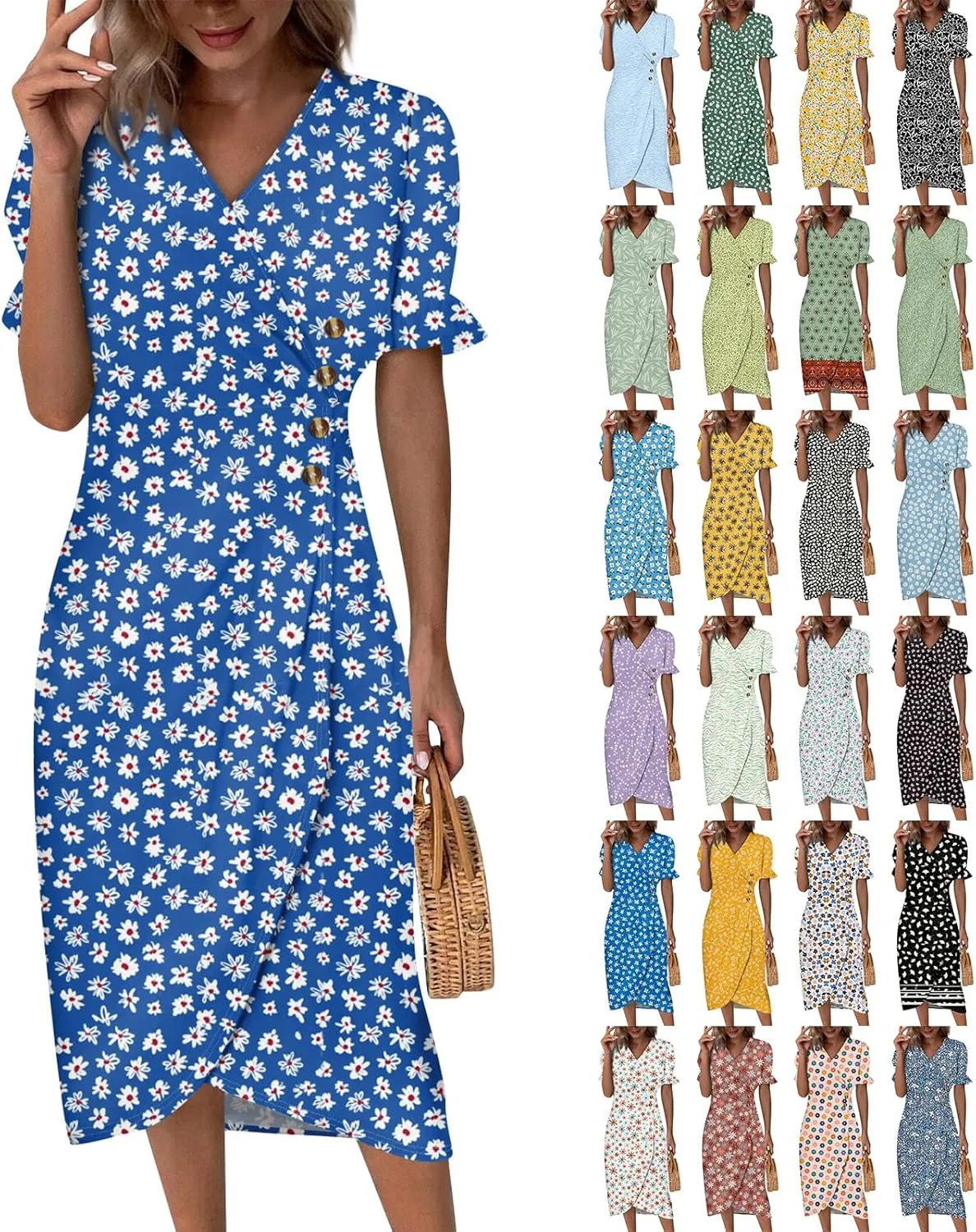 Elegant Wrap Dresses for Women 2024 Summer Floral V Neck Puff Sleeve Midi Dress Boho Ruched Irregular Hem Beach Dress