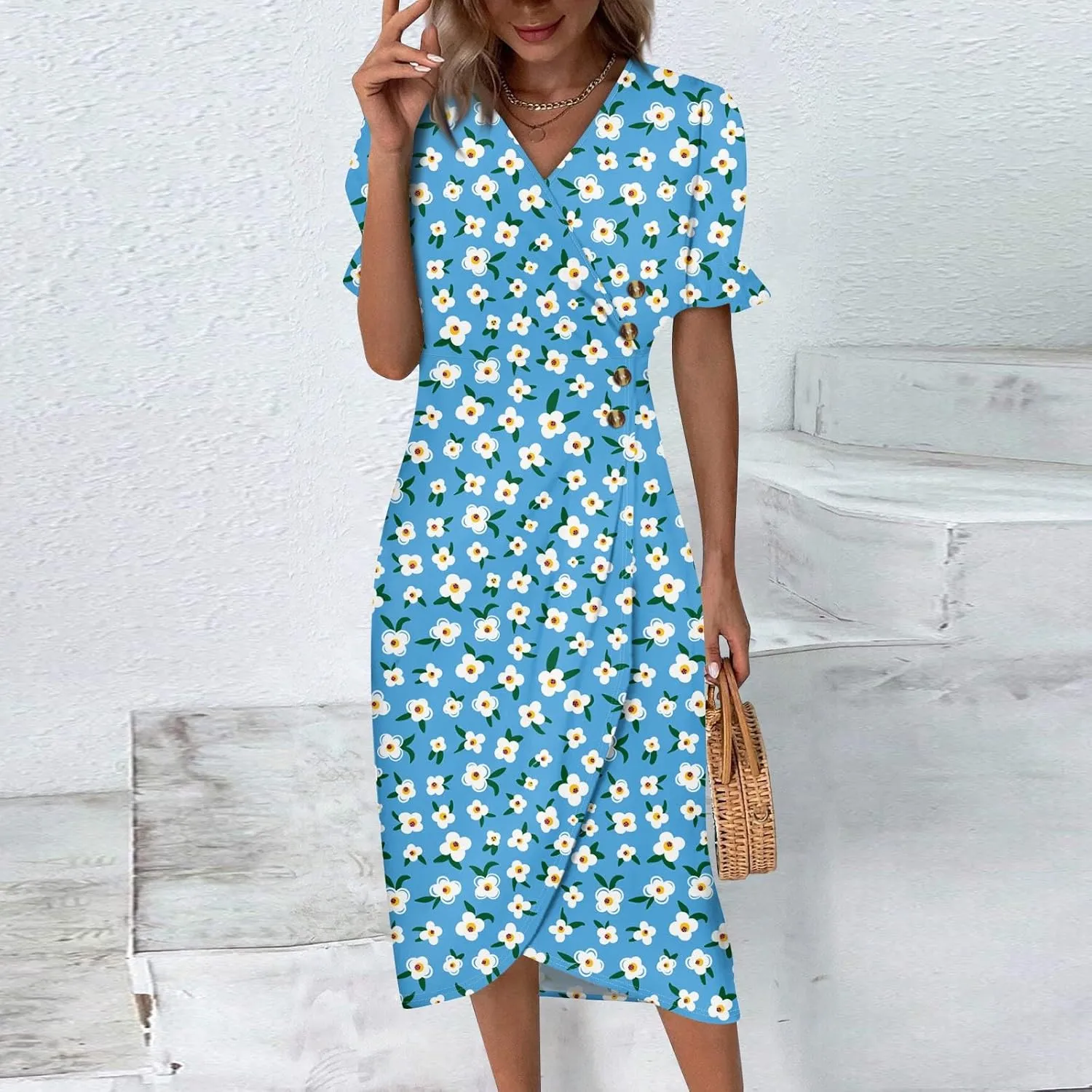Elegant Wrap Dresses for Women 2024 Summer Floral V Neck Puff Sleeve Midi Dress Boho Ruched Irregular Hem Beach Dress
