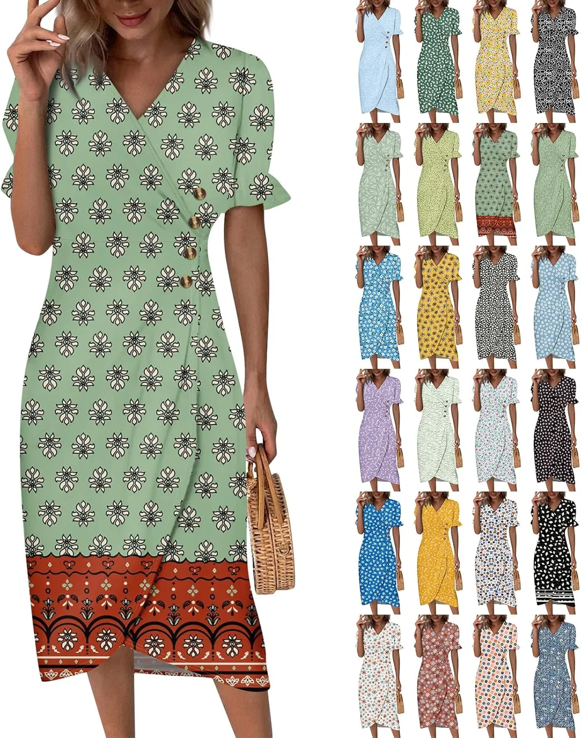Elegant Wrap Dresses for Women 2024 Summer Floral V Neck Puff Sleeve Midi Dress Boho Ruched Irregular Hem Beach Dress
