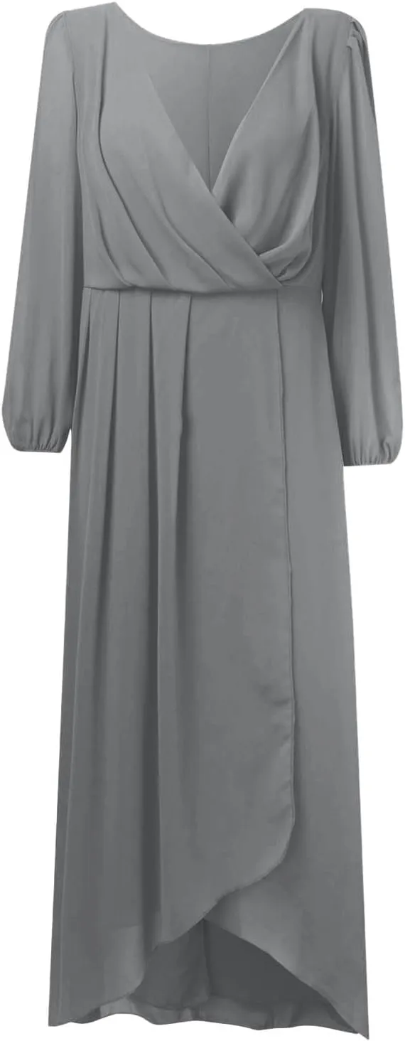 Fall Dresses for Women 2024 Long Sleeve Wrap V Neck Long Dress Ruffle Flowy Party Dress a Line Wedding Guest Dress