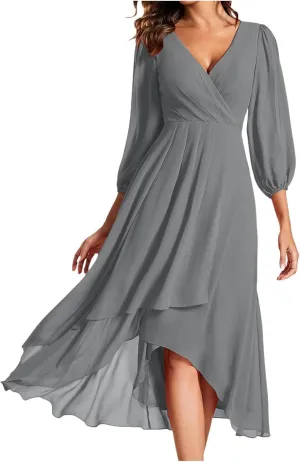 Fall Dresses for Women 2024 Long Sleeve Wrap V Neck Long Dress Ruffle Flowy Party Dress a Line Wedding Guest Dress