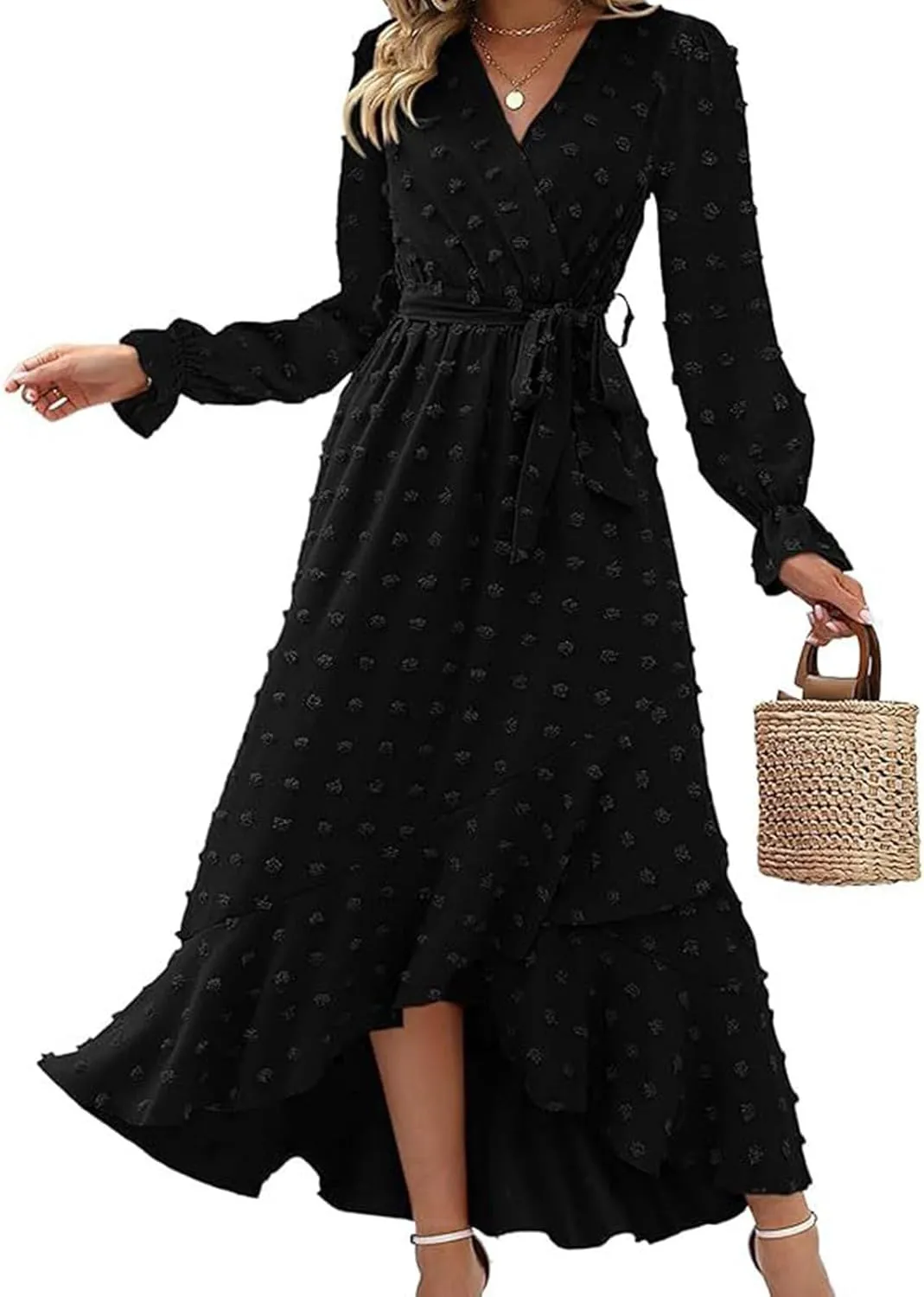 Fall Long Sleeve Maxi Dresses for Women 024 Casual Crew Neck Swiss Dot Tiered Flowy A Line Wedding Guest Dress