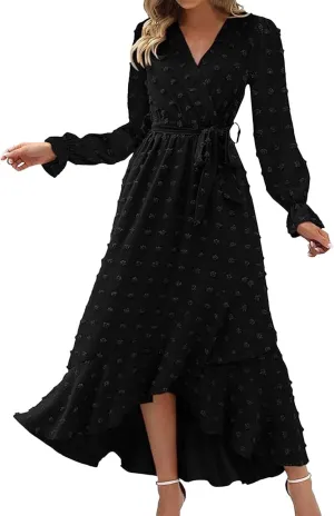 Fall Long Sleeve Maxi Dresses for Women 024 Casual Crew Neck Swiss Dot Tiered Flowy A Line Wedding Guest Dress