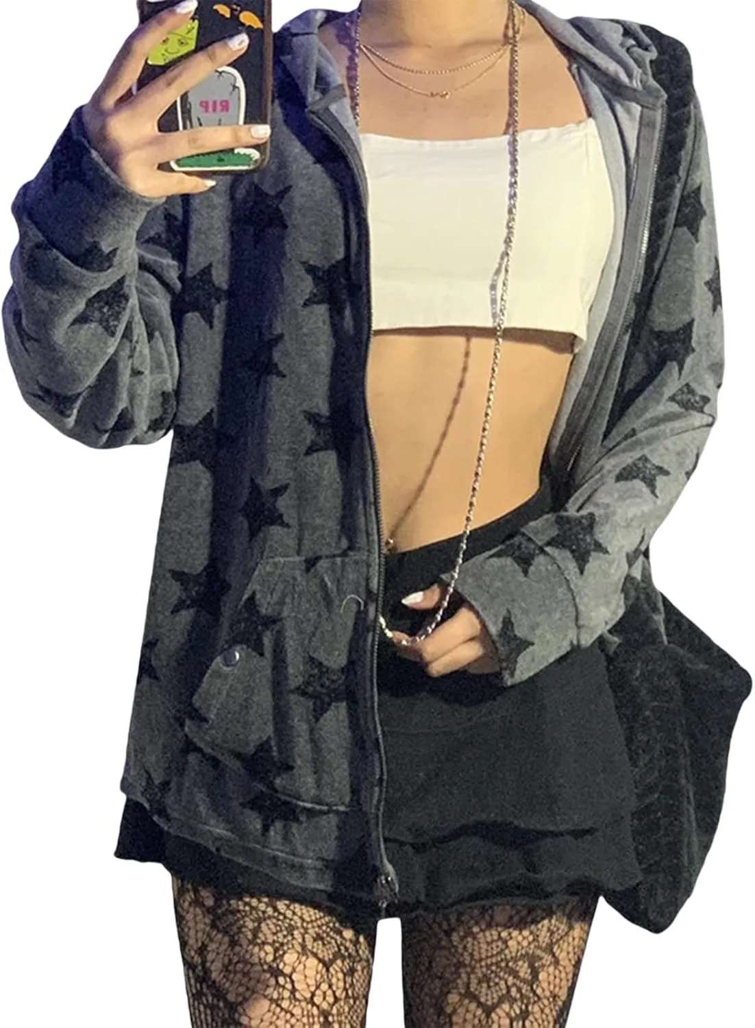 Faretumiya Y2k Hoodies Shirts Long Sleeve Oversized Full Zip Baggy Sweatshirt Printed Punk Harajuku Jacket Grunge Streetwear