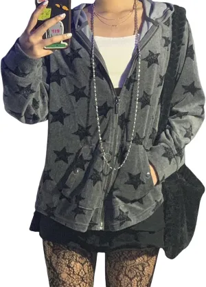 Faretumiya Y2k Hoodies Shirts Long Sleeve Oversized Full Zip Baggy Sweatshirt Printed Punk Harajuku Jacket Grunge Streetwear