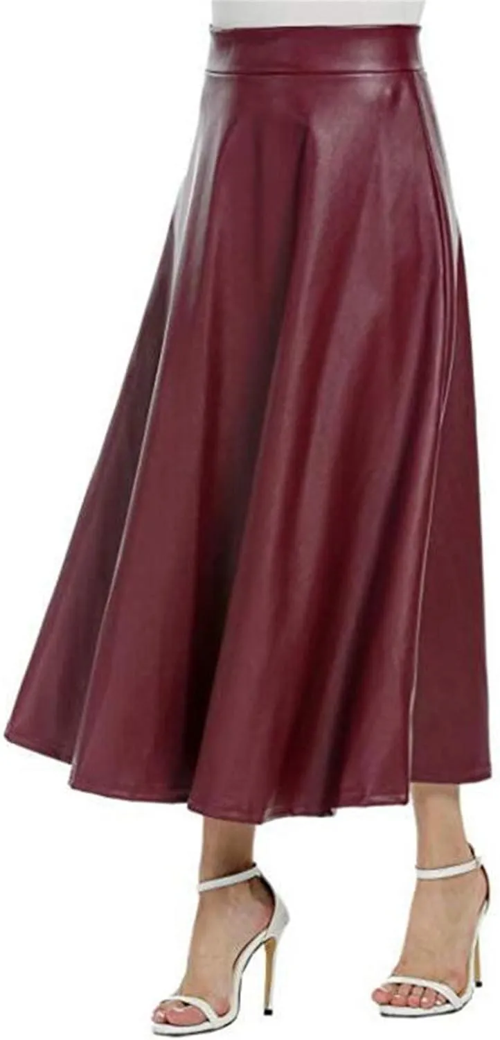 Faux Leather A Line Womens High Waist Skirts Pleather Midi Long Skirt Solid Color Skirt Summer Skirts for Women
