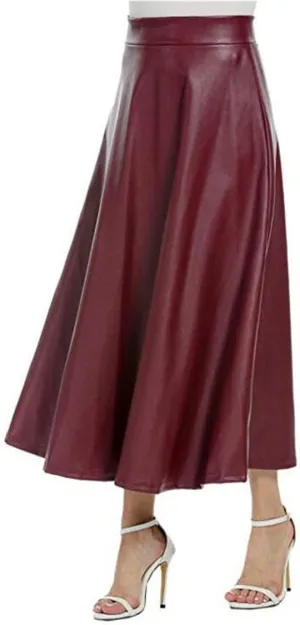 Faux Leather A Line Womens High Waist Skirts Pleather Midi Long Skirt Solid Color Skirt Summer Skirts for Women