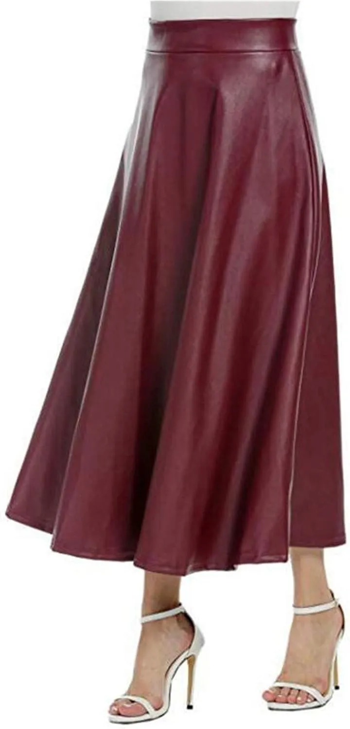 Faux Leather A Line Womens High Waist Skirts Pleather Midi Long Skirt Solid Color Skirt Summer Skirts for Women