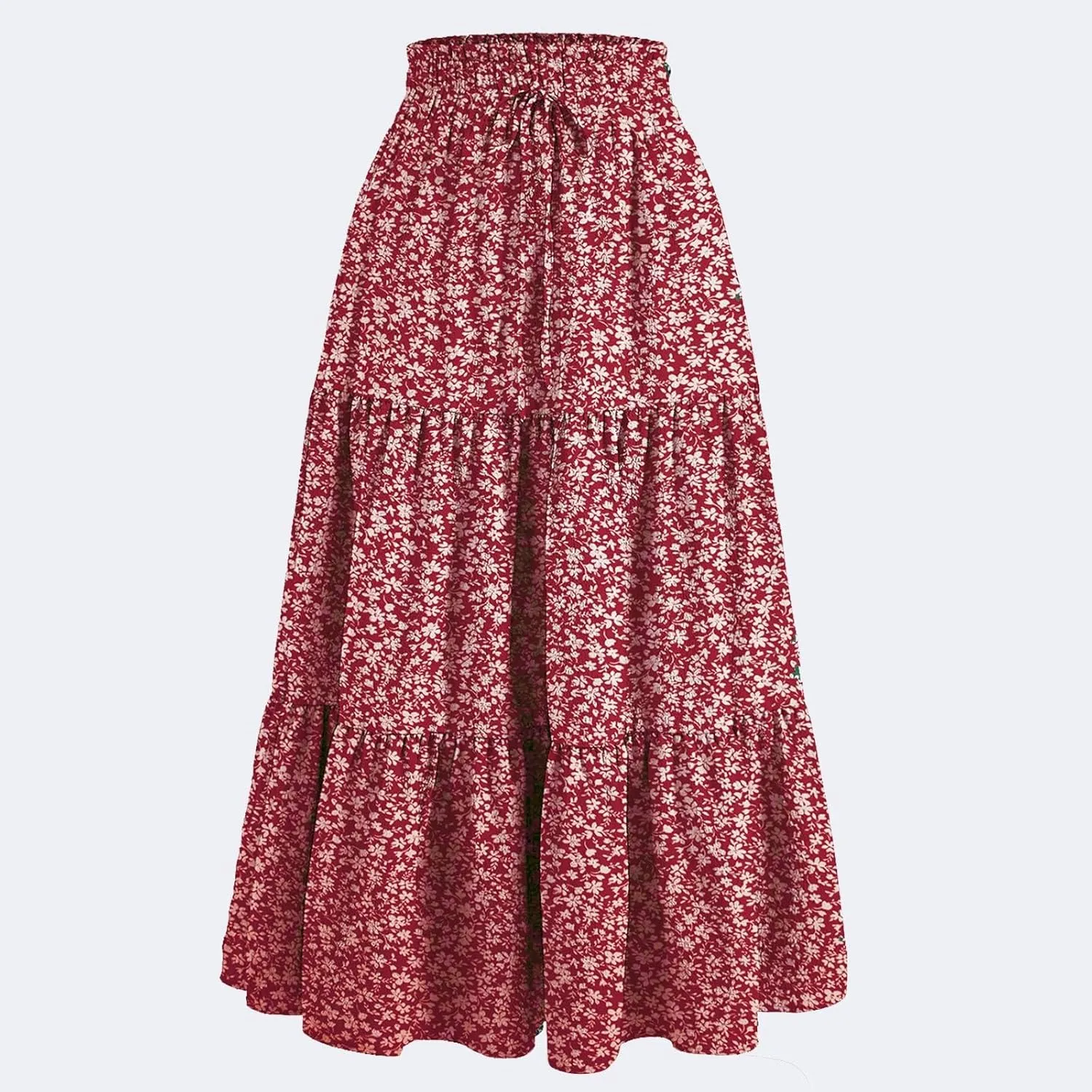 Floral Boho Skirts for Women Summer Casual Flowy Swing Tiered Long Skirt Elastic High Waisted Pleated Maxi Skirts