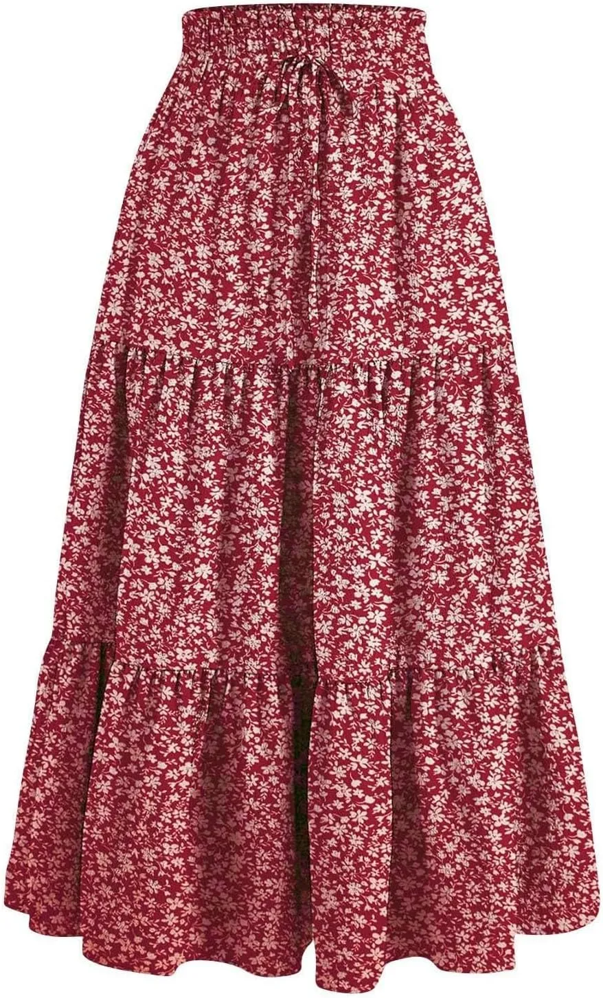 Floral Boho Skirts for Women Summer Casual Flowy Swing Tiered Long Skirt Elastic High Waisted Pleated Maxi Skirts