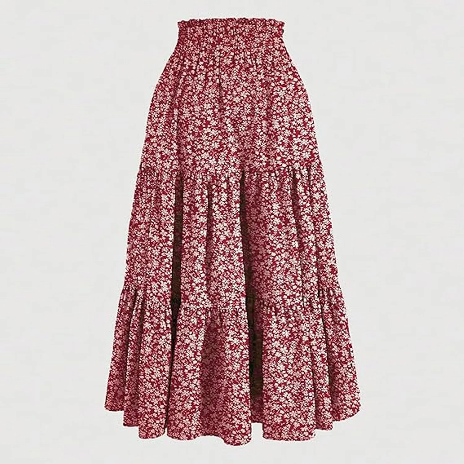 Floral Boho Skirts for Women Summer Casual Flowy Swing Tiered Long Skirt Elastic High Waisted Pleated Maxi Skirts