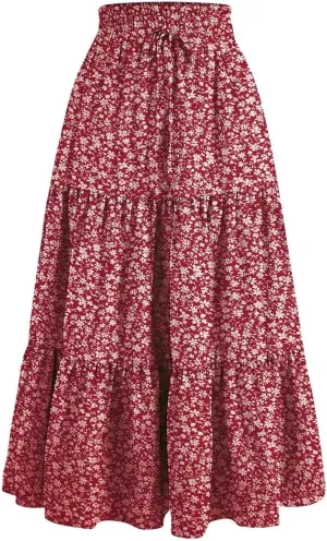 Floral Boho Skirts for Women Summer Casual Flowy Swing Tiered Long Skirt Elastic High Waisted Pleated Maxi Skirts