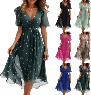 Floral Chiffon Midi Cocktail Dresses for Women 2025 Elegant Classy Summer Beach Flowy Sexy Deep V Neck Wrap Dress