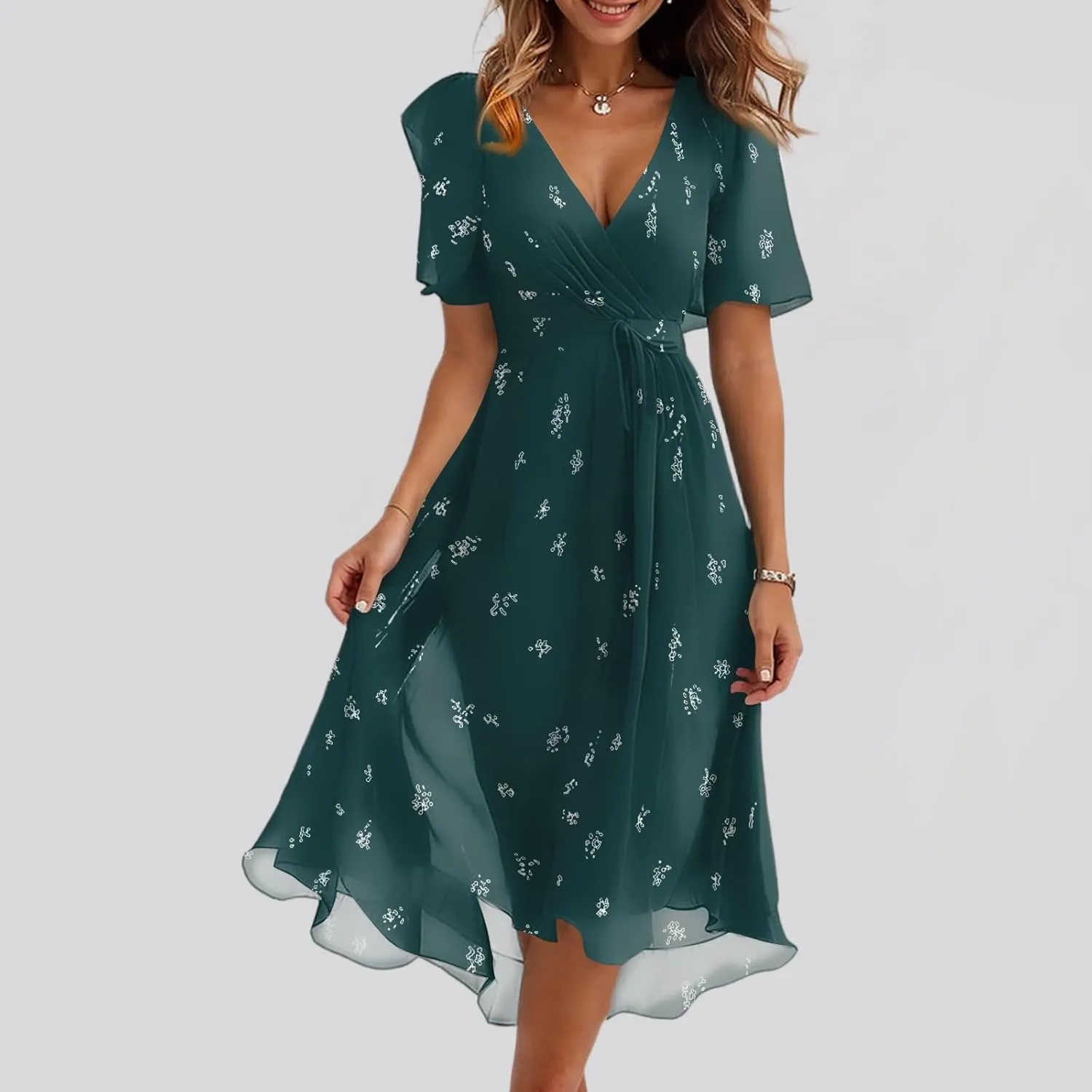 Floral Chiffon Midi Cocktail Dresses for Women 2025 Elegant Classy Summer Beach Flowy Sexy Deep V Neck Wrap Dress