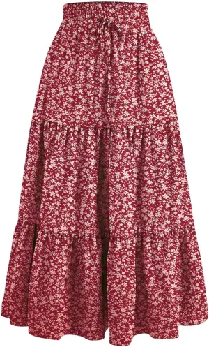 Floral Long Skirts for Women Summer Boho Elastic Waist Tiered Maxi Skirt Flowy A Line African Print Beach Skirt