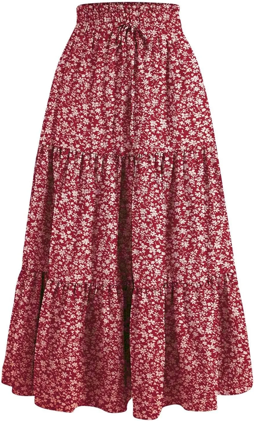 Floral Long Skirts for Women Summer Boho Elastic Waist Tiered Maxi Skirt Flowy A Line African Print Beach Skirt