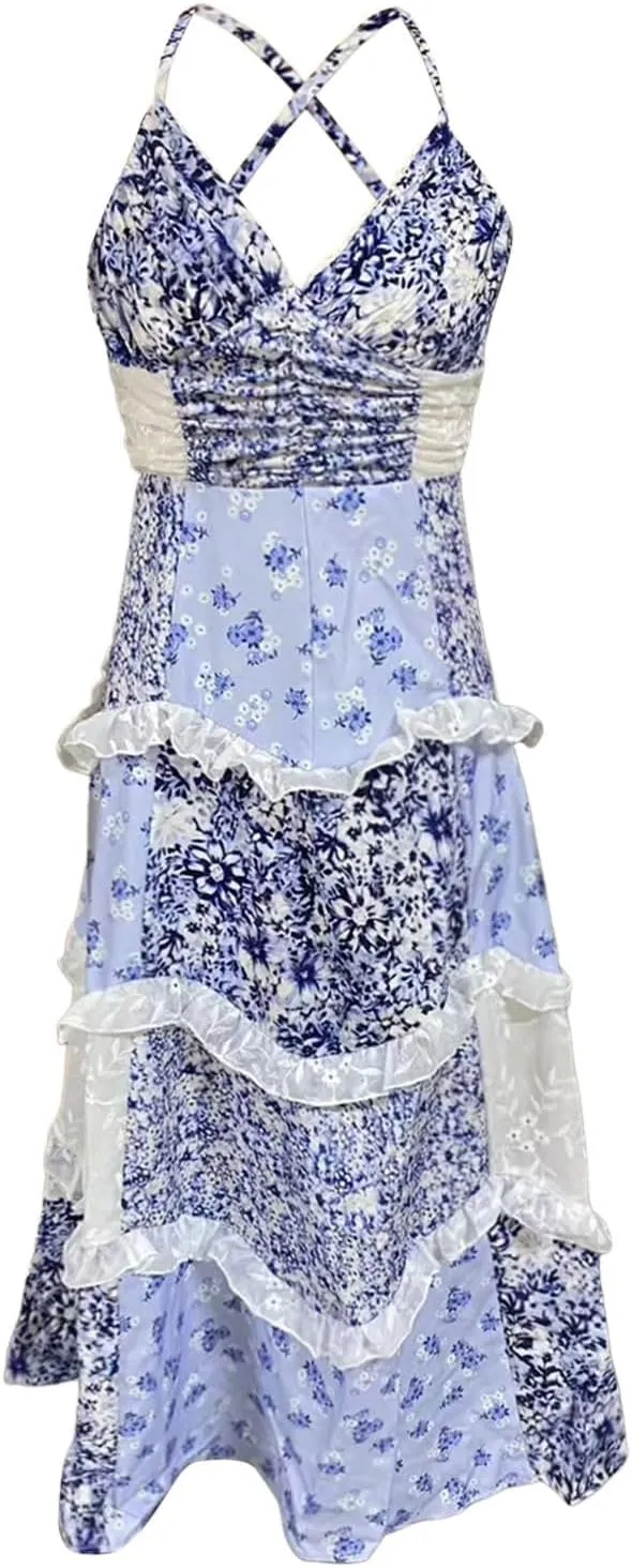 Floral Maxi Dress for Women Patchwork Long Flowy Boho Summer Dress Tiered Smocked Spagetti Strap Vacation Dresses