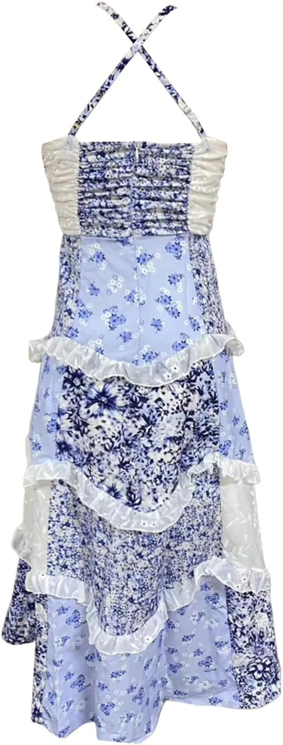 Floral Maxi Dress for Women Patchwork Long Flowy Boho Summer Dress Tiered Smocked Spagetti Strap Vacation Dresses