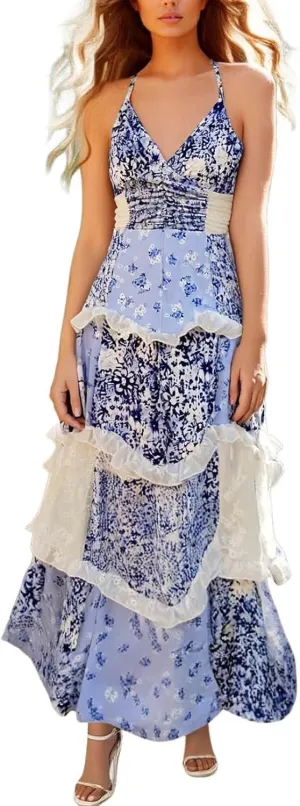 Floral Maxi Dress for Women Patchwork Long Flowy Boho Summer Dress Tiered Smocked Spagetti Strap Vacation Dresses