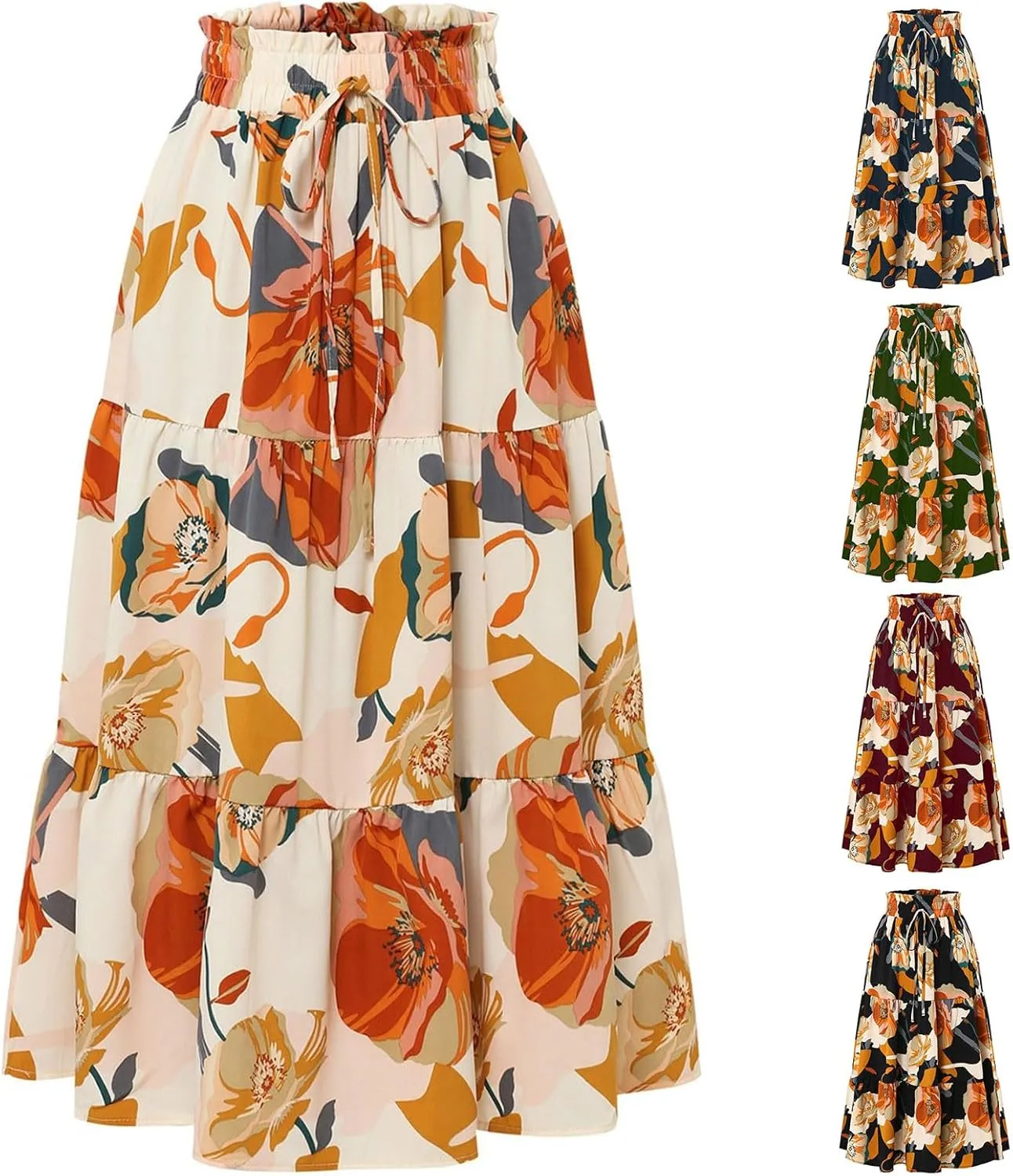 Floral Maxi Skirts for Women Casual Drawstring High Elastic Waisted A-Line Flowy Swing Skirts Summer Boho Skirt