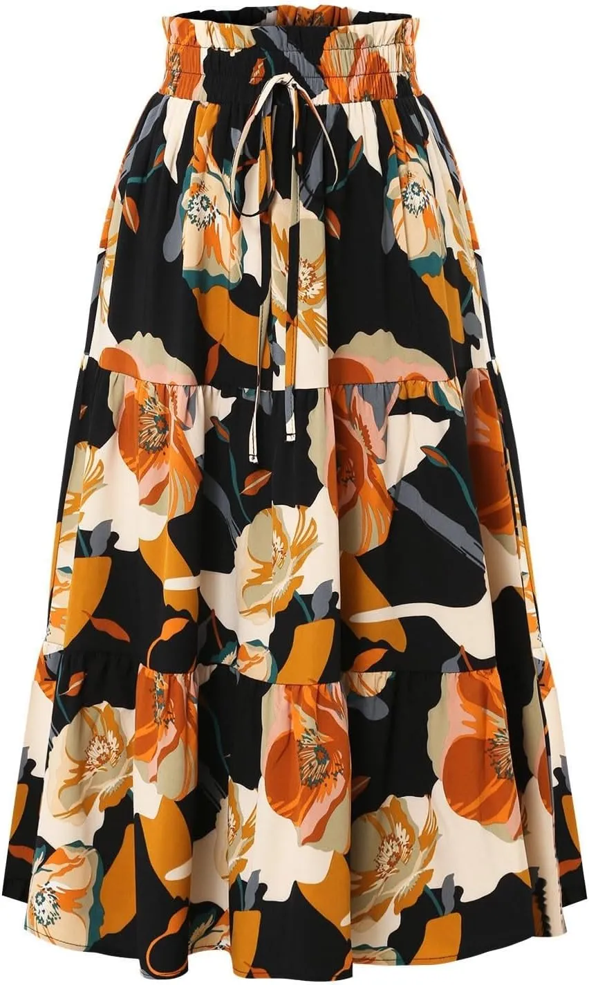 Floral Maxi Skirts for Women Casual Drawstring High Elastic Waisted A-Line Flowy Swing Skirts Summer Boho Skirt
