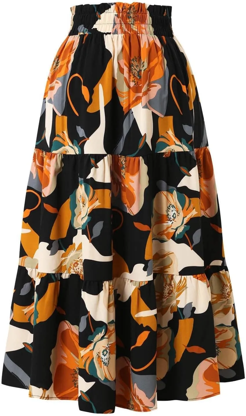Floral Maxi Skirts for Women Casual Drawstring High Elastic Waisted A-Line Flowy Swing Skirts Summer Boho Skirt