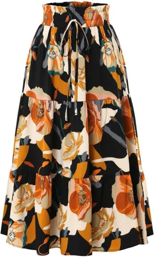 Floral Maxi Skirts for Women Casual Drawstring High Elastic Waisted A-Line Flowy Swing Skirts Summer Boho Skirt
