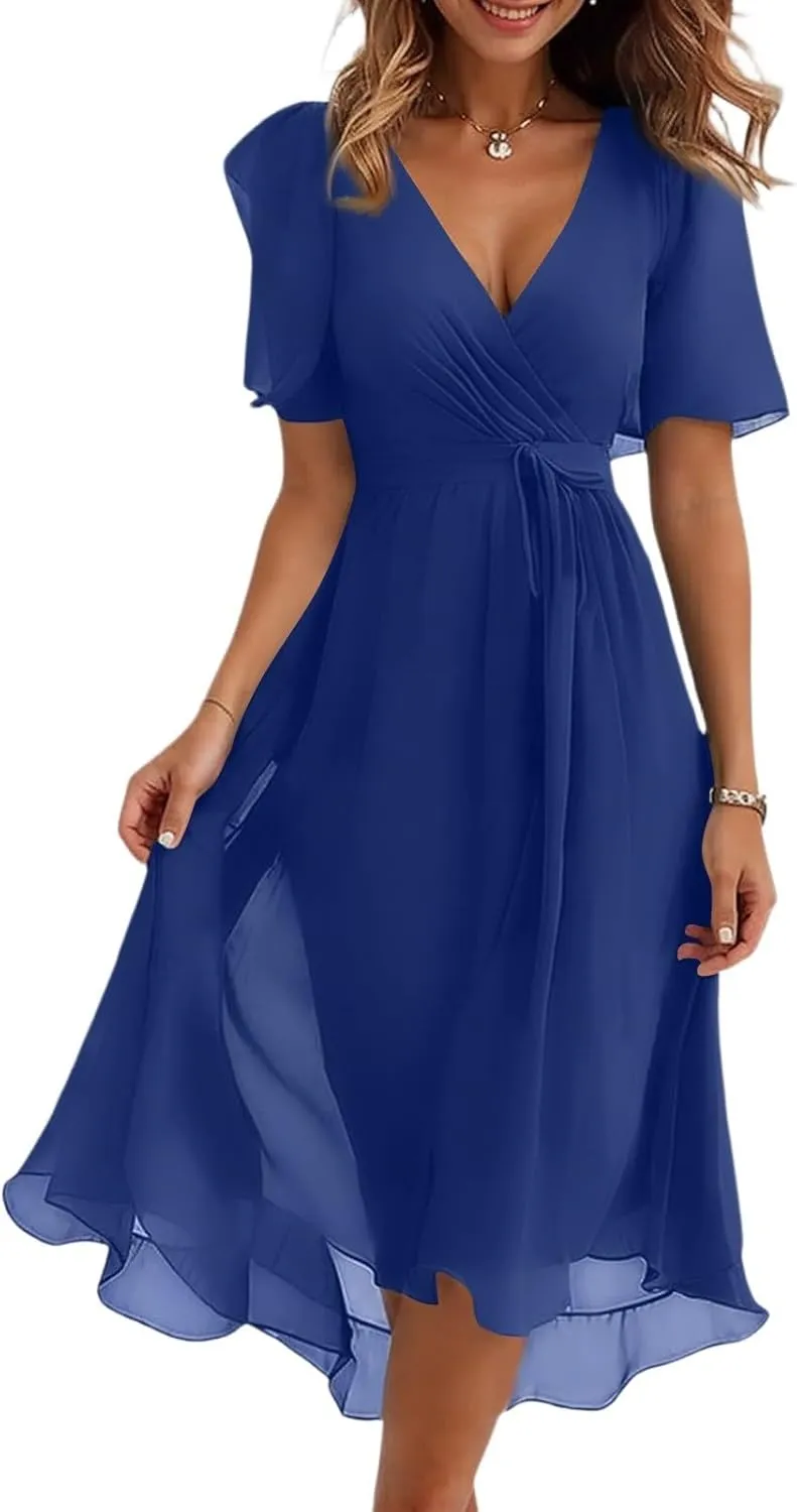 Floral Midi Cocktail Dresses for Women 2025 Elegant Classy Summer Casual Flowy Sexy Deep V Neck Belted Wrap Dress