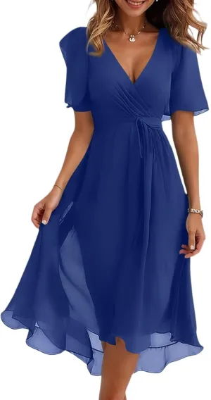 Floral Midi Cocktail Dresses for Women 2025 Elegant Classy Summer Casual Flowy Sexy Deep V Neck Belted Wrap Dress