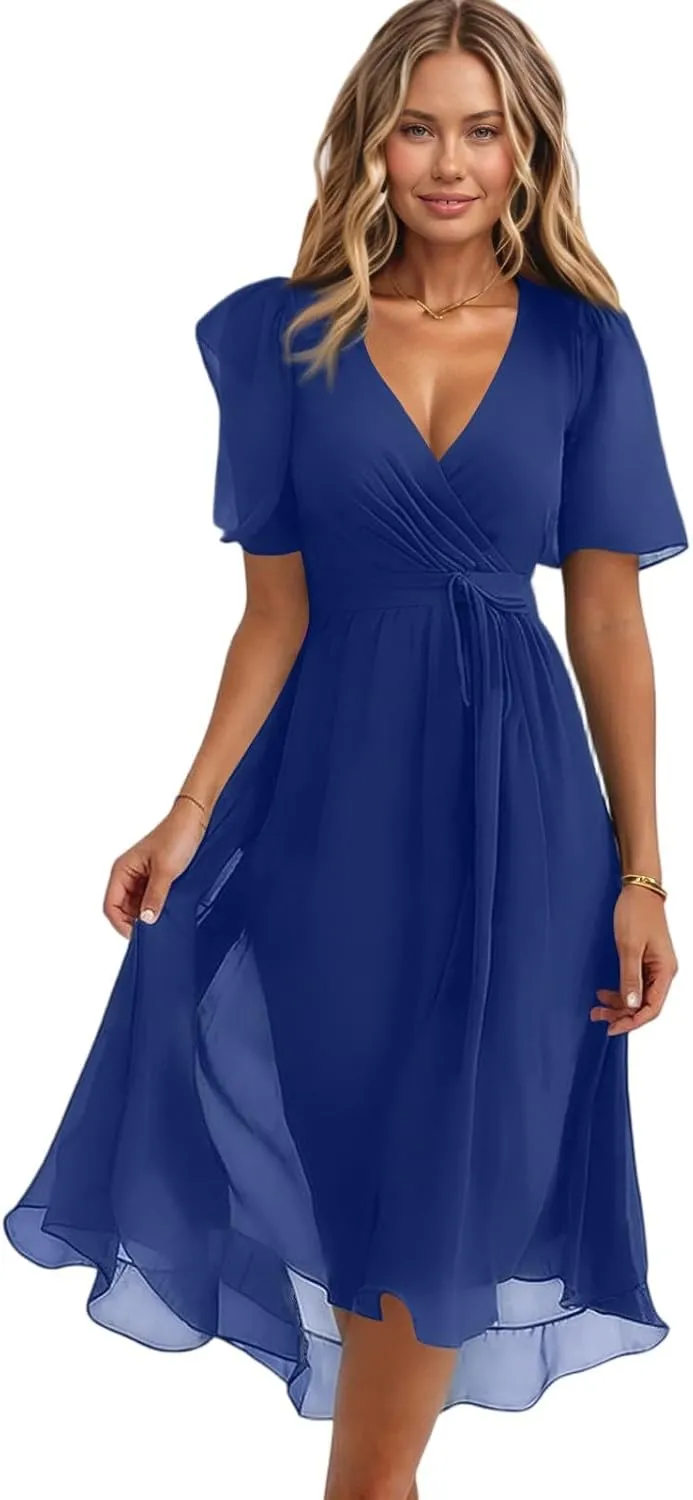 Floral Midi Cocktail Dresses for Women 2025 Elegant Classy Summer Casual Flowy Sexy Deep V Neck Belted Wrap Dress