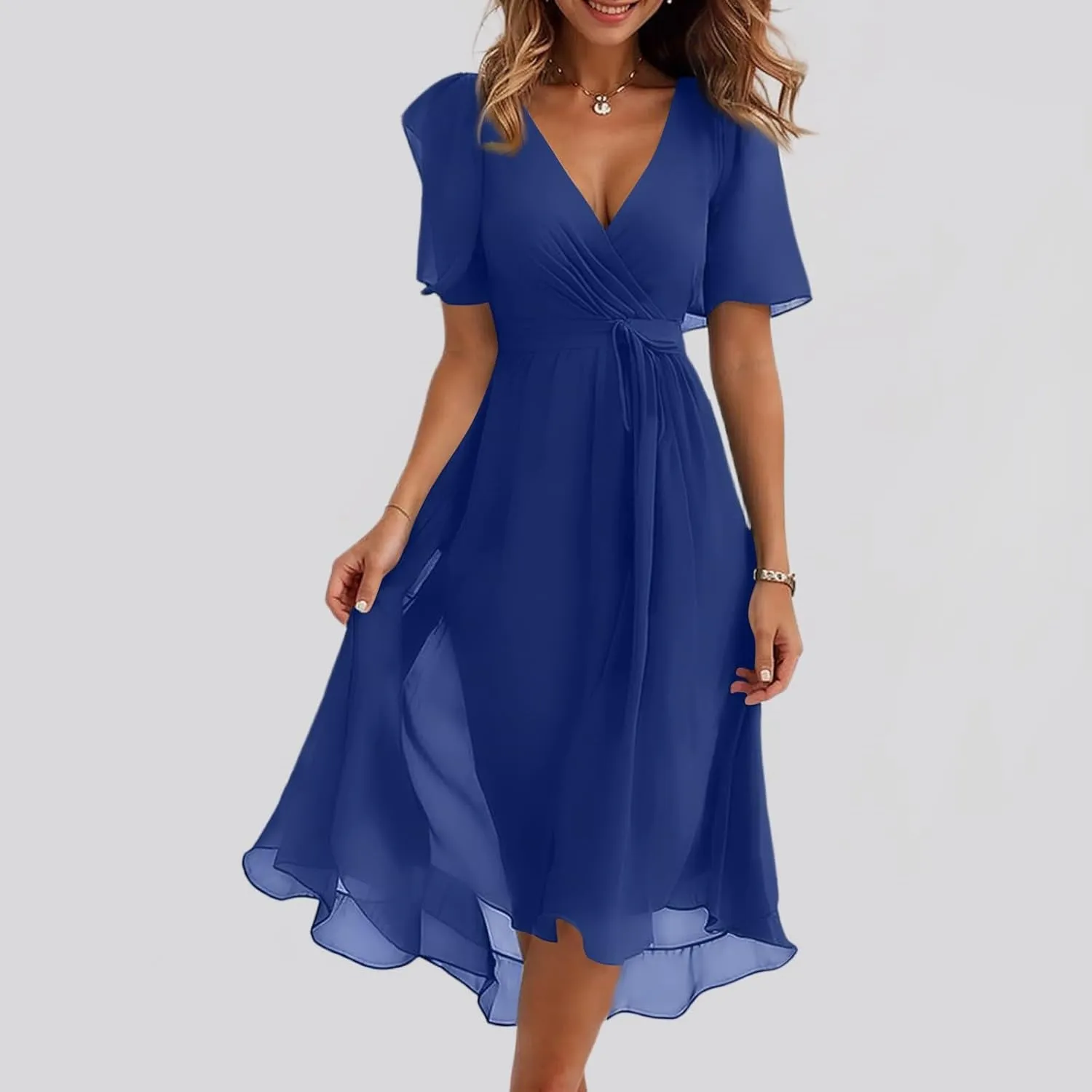 Floral Midi Cocktail Dresses for Women 2025 Elegant Classy Summer Casual Flowy Sexy Deep V Neck Belted Wrap Dress