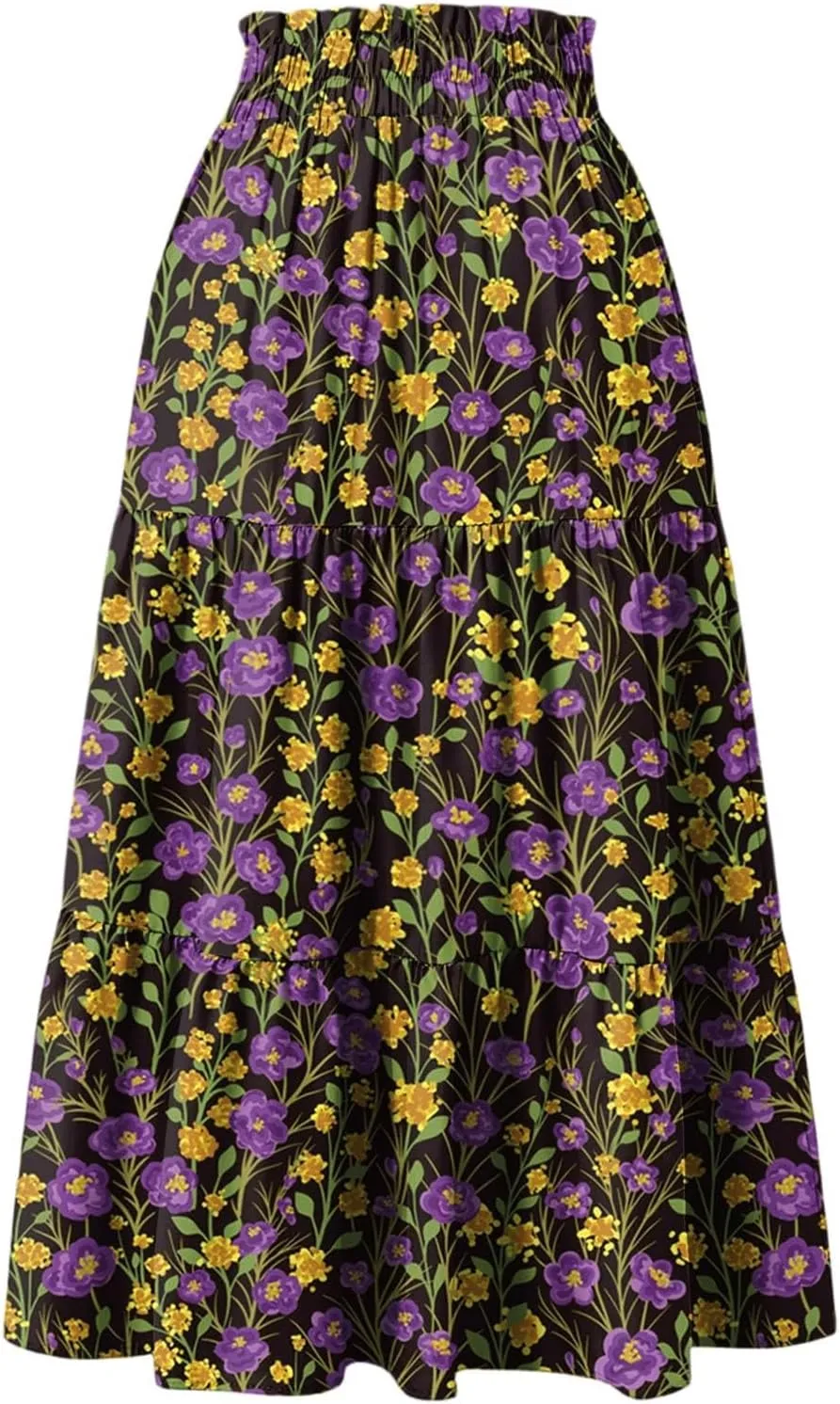 Floral Midi Skirts for Women Summer Comfy Tiered Elastic High Waisted Skirts Vacation A Line Flowy Swing Maxi Skirt