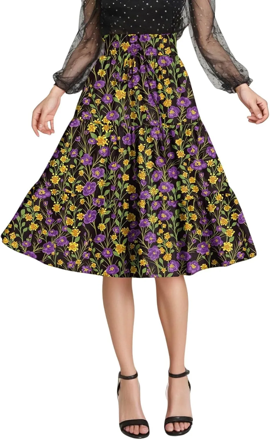 Floral Midi Skirts for Women Summer Comfy Tiered Elastic High Waisted Skirts Vacation A Line Flowy Swing Maxi Skirt
