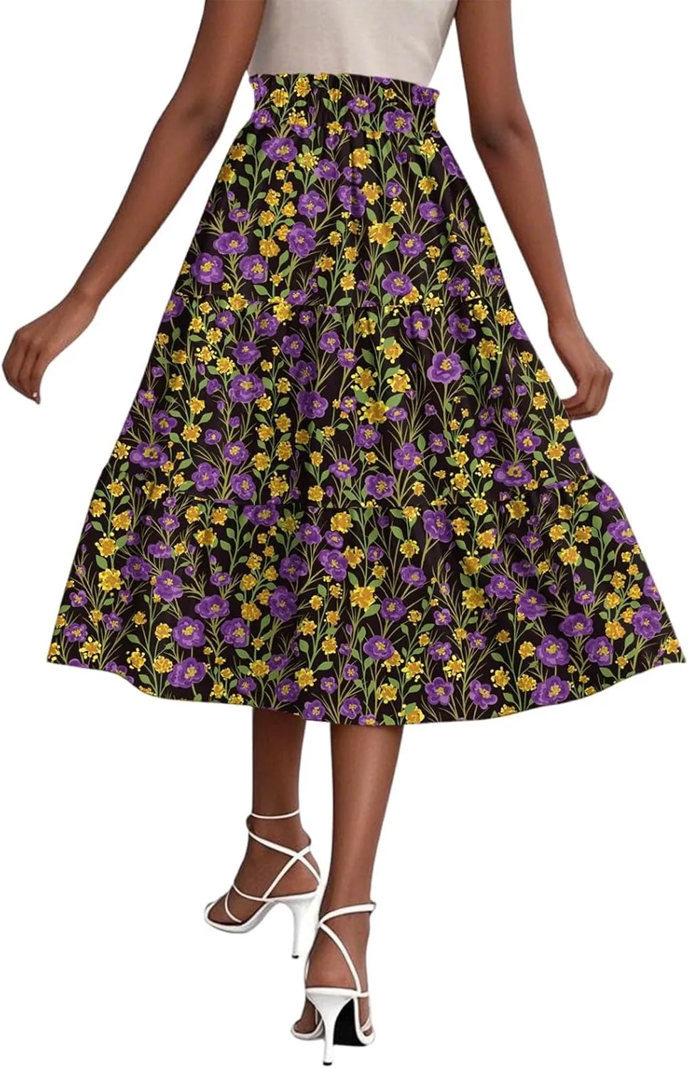 Floral Midi Skirts for Women Summer Comfy Tiered Elastic High Waisted Skirts Vacation A Line Flowy Swing Maxi Skirt