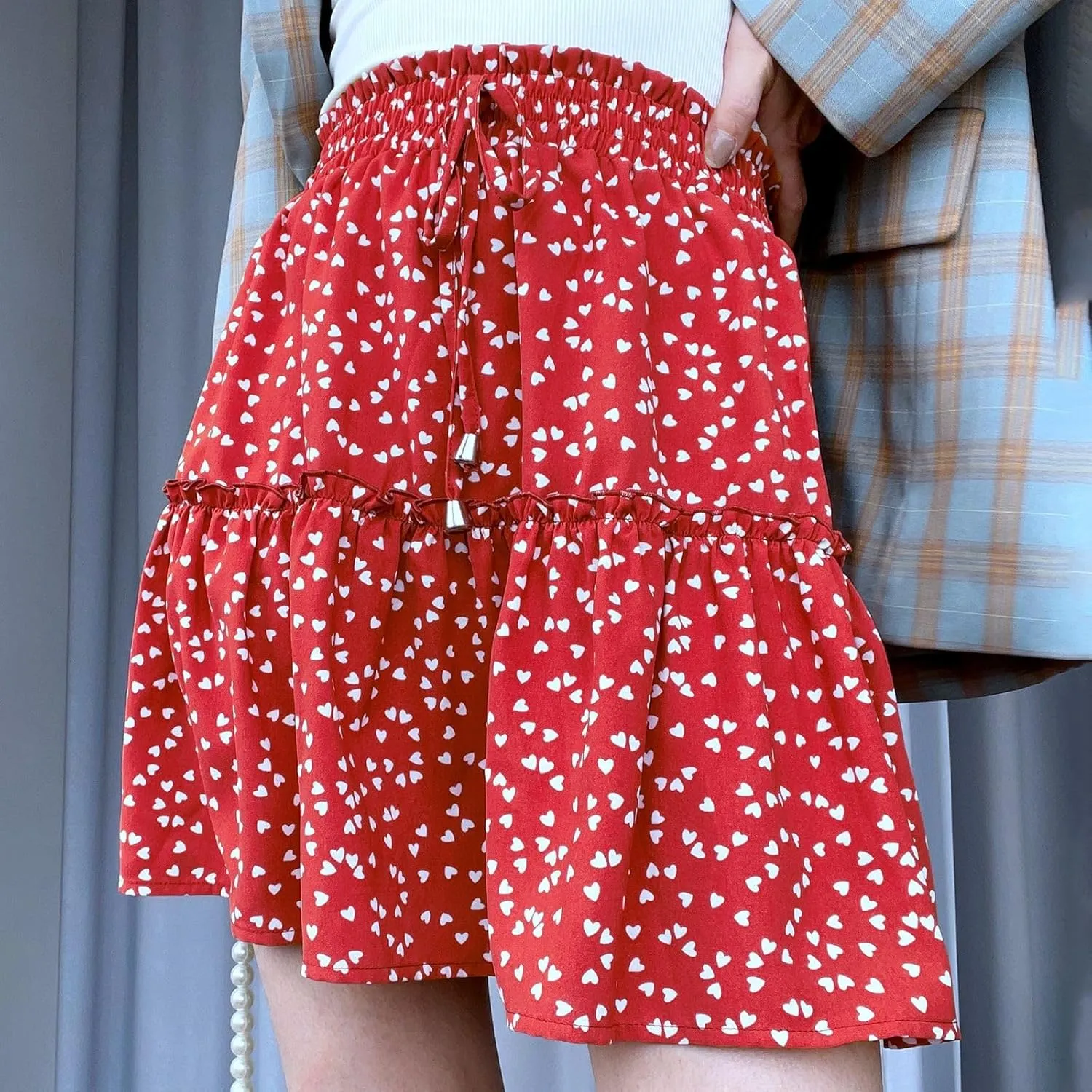 Floral Skirts for Women Summer Casual Elastic High Waisted Pleated Skirt Work Beach Short Skirts 2025 with Drawstring