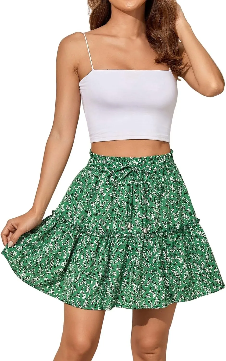 Floral Skirts for Women Summer Casual Elastic High Waisted Pleated Skirt Work Beach Short Skirts 2025 with Drawstring
