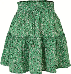 Floral Skirts for Women Summer Casual Elastic High Waisted Pleated Skirt Work Beach Short Skirts 2025 with Drawstring