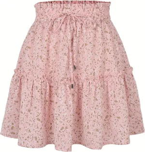 Floral Skirts for Women Summer Casual Elastic High Waisted Pleated Skirt Work Beach Short Skirts 2025 with Drawstring