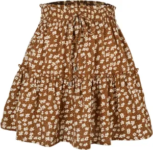 Floral Skirts for Women Summer Casual Elastic High Waisted Pleated Skirt Work Beach Short Skirts 2025 with Drawstring