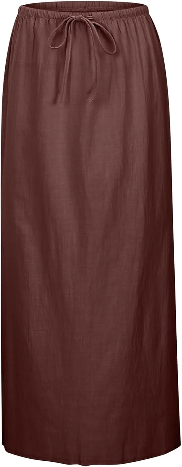 Flowy Skirt Casual Slim Fit Stretchy Drawstring High Elastic Waist Flare Long Skirts for Women Trendy Streetwear