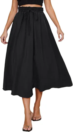 Flowy Skirts with Pockets for Women Long Midi Length Casual Skirt for Beach Party Holiday Drawstring Maxi Summer Skorts